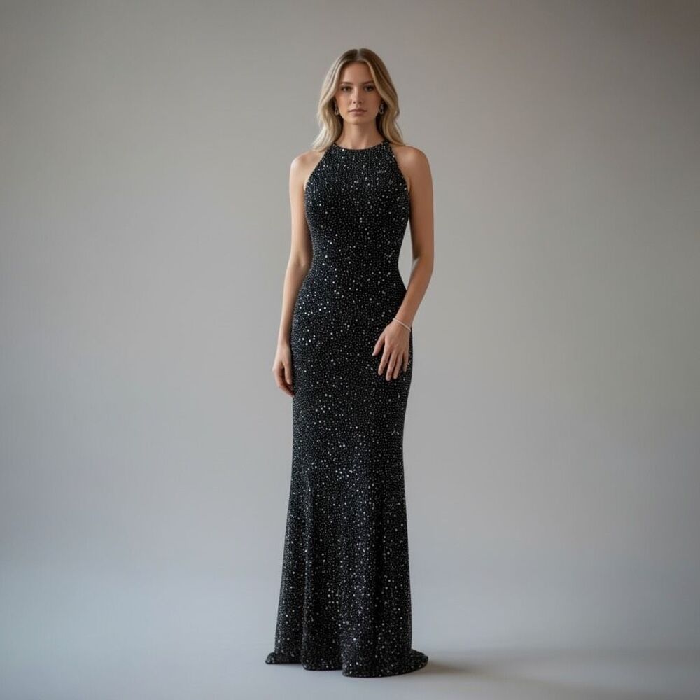 Vintage 90's Black Beaded Sequin 100% Silk Scala Open Back Dress Gown Size Large